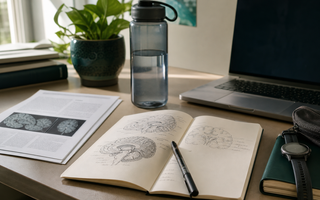 A neuroscience study desk with brain sketches, research papers, and a training watch