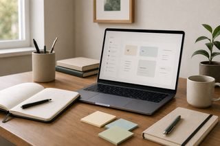 A quiet workspace with a laptop, notebook, and product sketches